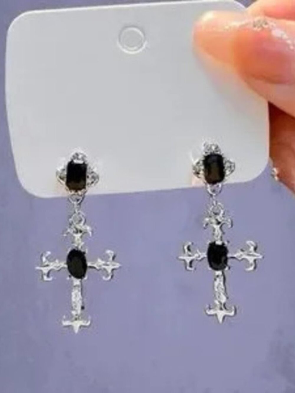 Silver Black Cross Dangle Earrings